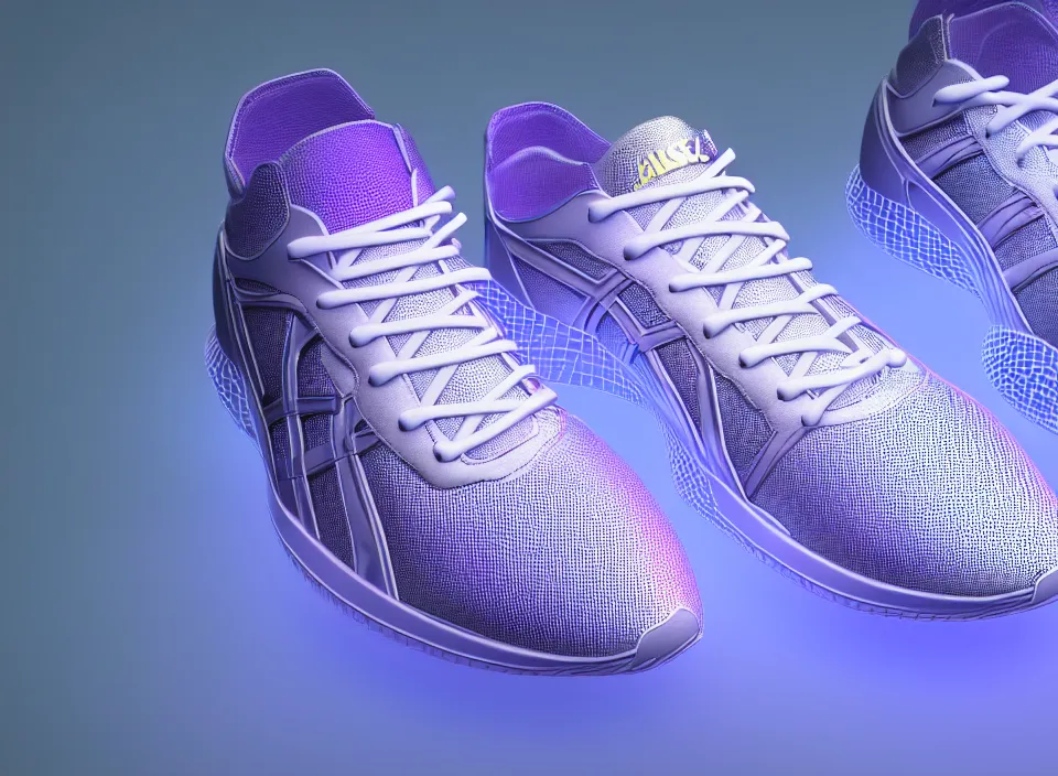 Prompt: realistic 3 d render of a futuristic sneaker, beautiful studio lighting, soft, sharp focus, neon glowing lines, intricate detail, purple and blue leather, soft white rubber, shiny plastic, hexagon mesh, gold filigree, octane render, side view, close up, trending on artstation, deviantart, nike, asics, adidas