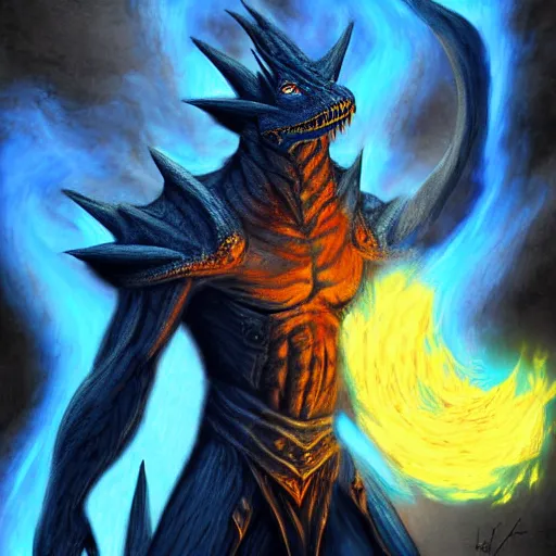 Image similar to a blue dragonborn with half of his face flaming with blue flame standing in a big cave, digital art