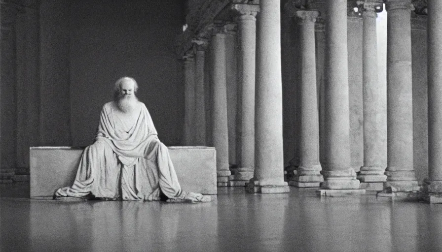 Prompt: 1 9 7 0 s movie still by tarkovsky of an elder socrates in dark drapery in a marble temple, cinestill 8 0 0 t 3 5 mm b & w, high quality, heavy grain, high detail, panoramic, ultra wide lens, cinematic composition, dramatic light, anamorphic, piranesi style