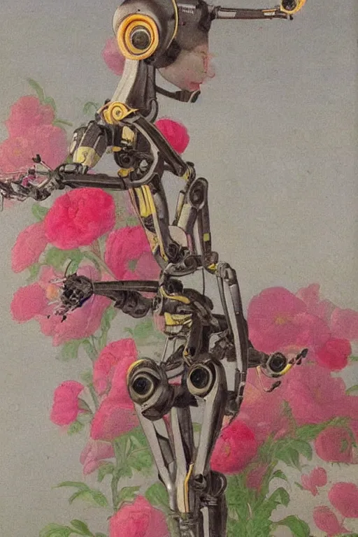 Prompt: a slim anime robot with fluo color detail, and muted arm colors, that looks like a insect, on top of dutch master painting of flowers