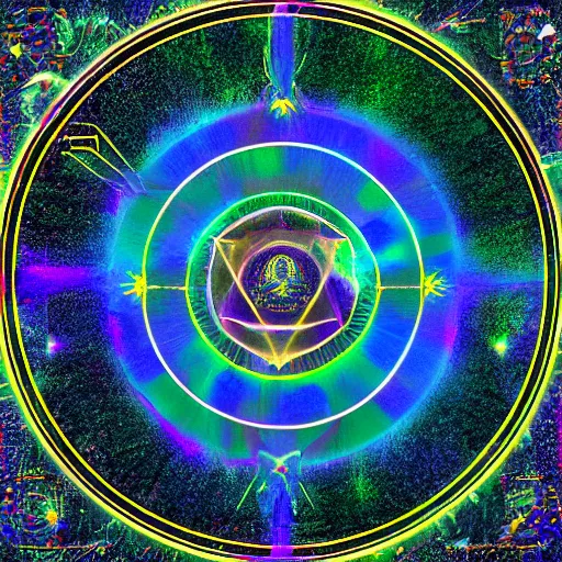 Image similar to A divine sage in a circle of esoteric sigils and glyphs trapping him out of time lost in his own mind 8k resolution hyperdetailed holographic astral plane