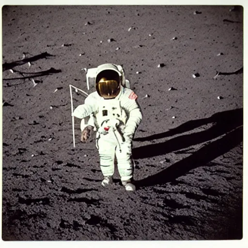 Prompt: an old polaroid of the moon landing