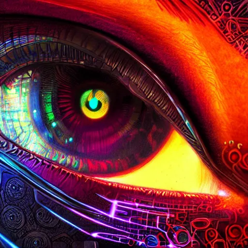Image similar to Cybernetic Eye with intricate reflections, Close up, colorful, fantasy, vivid colors, concept art, sharp focus, digital art, Hyper-realistic, 4K, Unreal Engine, Highly Detailed, HD, Dramatic Lighting by Brom, trending on Artstation
