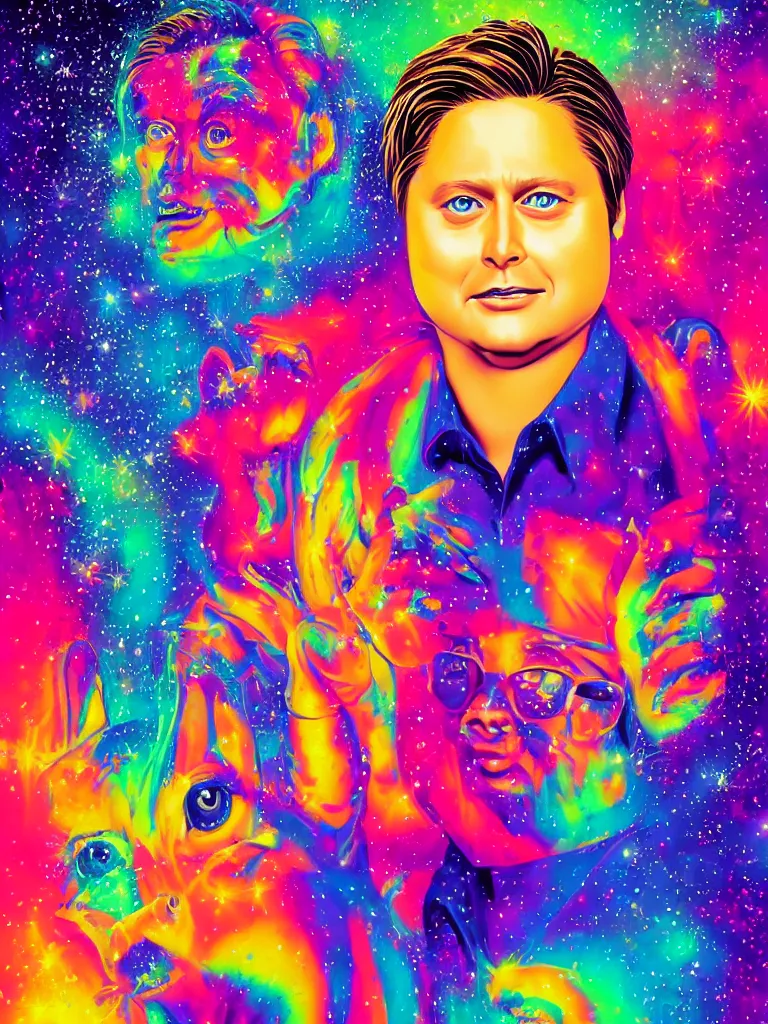 Image similar to realistic beautiful portrait of tim heidecker by Lisa Frank, synthwave funny style