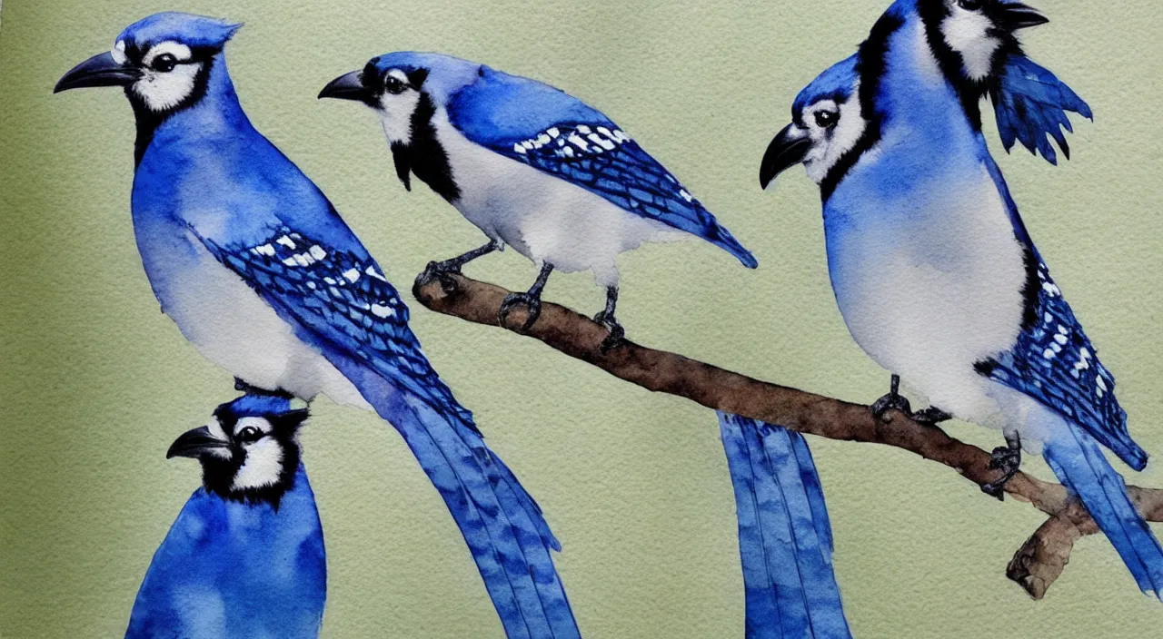 Prompt: watercolor painting of a bluejay + raven, beautiful,