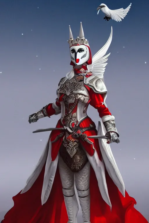 Image similar to female adventurer in tight full - body white leather armor of ukrainian vyshyvanka design with red accents and a white porcelain crow mask, trending in artstation, ukrainian, artstation, big moon in the background, establishing shot