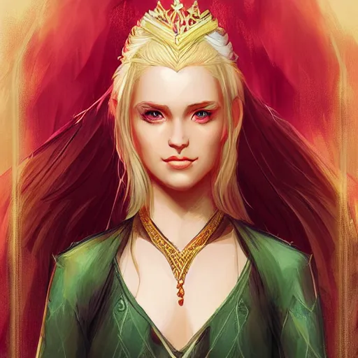 Prompt: a d & d character portrait of a beautiful noble elf princess with blonde hair, regal jewellry by charlie bowater