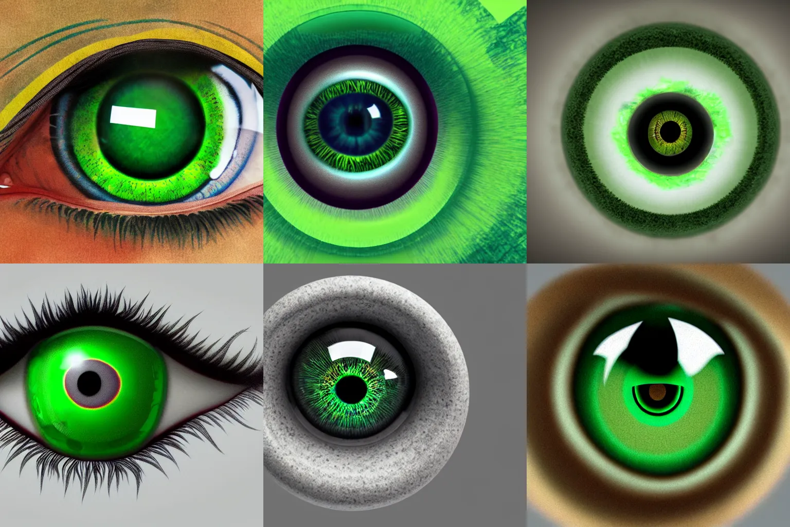 Prompt: A 3d render of a green eye, hyper detailed, souls inside of eyeball