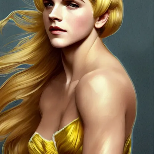 Image similar to A combination of Katheryn Winnick's and Grace Kelly's and Emma Watson's faces with blonde hair as Kid Flash, western, D&D, fantasy, intricate, elegant, highly detailed, digital painting, artstation, concept art, matte, sharp focus, illustration, art by Artgerm and Greg Rutkowski and Alphonse Mucha