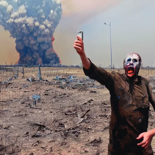 Image similar to selfie of a ukrainian screaming in pain and terrible injuries from a nuclear explosion, everything is on fire and radiation, in the background there are a lot of people like zombies, corpses and skeletons, a large nuclear explosion in the background, people are painted in yellow and blue, all dirty with severed limbs, doomsday