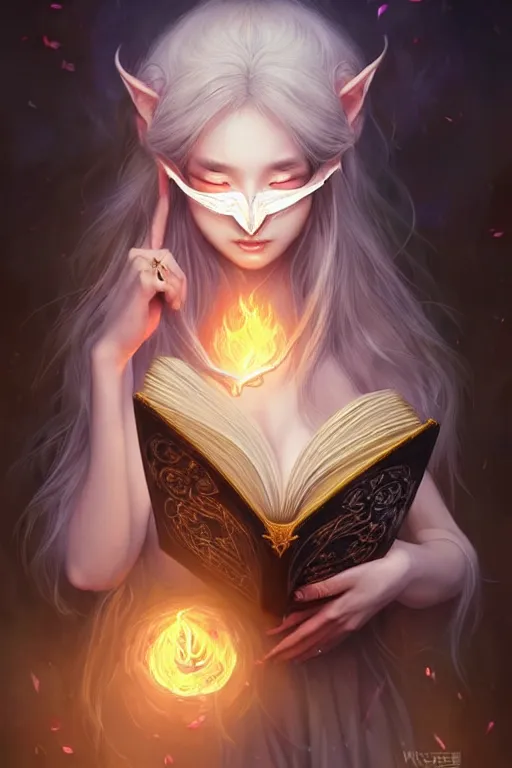 Image similar to gorgeous!!! hyper - realstic sorceress with a kitsune mask, holding a tattered magical book, casting a spell | drawn by wlop, drawn by jeehyung lee, drawn by artgerm | fantasy, intricate, highly detailed, digital painting, character design, concept art, illustration, artstation