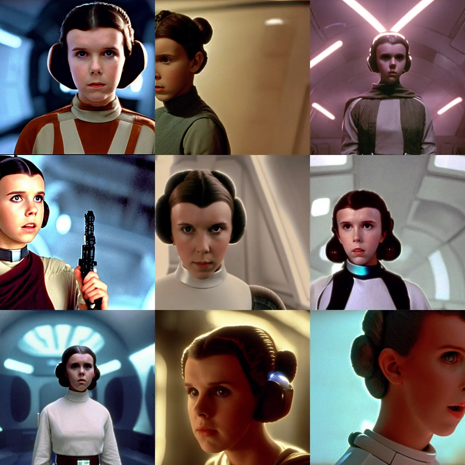 Prompt: Millie Bobbie Brown as Princess Leia, film still from Star Wars: The Empire Strikes Back