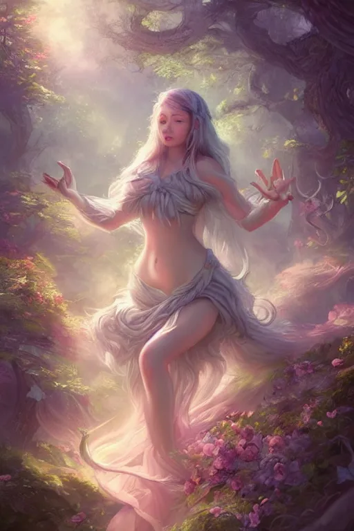 Image similar to women woshiping god in dreamy forest, fantasy, 8 k resolution, hyper detailed, d & d, character design, digital painting, trending on artstation, sharp focus, illustration, art by artgerm, steve zheng, fuji choko, viktoria gavrilenko, hoang lap