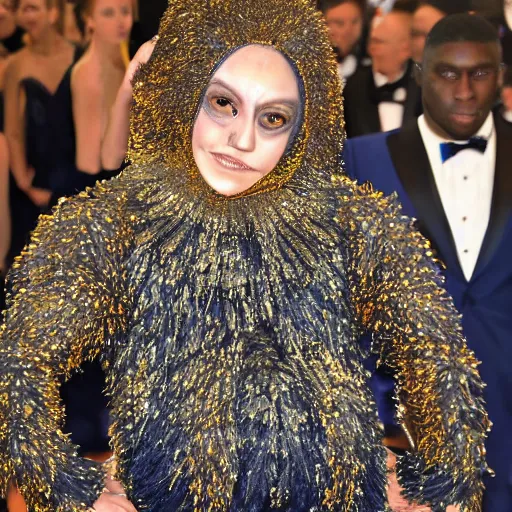 Image similar to An orangutan wearing a navy designer dress and a sapphire necklace attending the Met Gala, hyperdetailed, photorealistic, high fashion