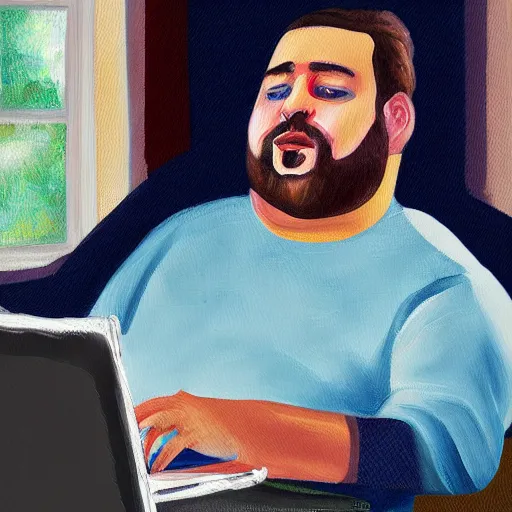 Image similar to a beautiful complex painting of an american man sitting in this couch using his laptop and he is very fat digital painting