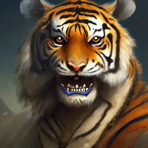 Prompt: a detailed portrait of a tiger with armor, by justin gerard and greg rutkowski, digital art, realistic painting, dnd, character design, trending on artstation