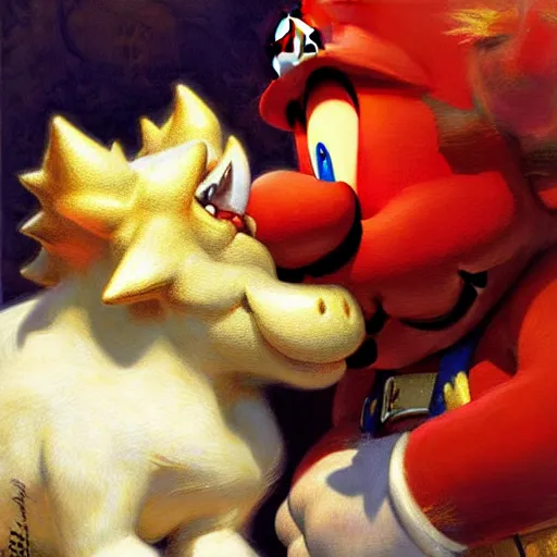 Image similar to a portrait of a super mario kissing bowser. highly detailed painting by gaston bussiere, craig mullins, j. c. leyendecker, furry