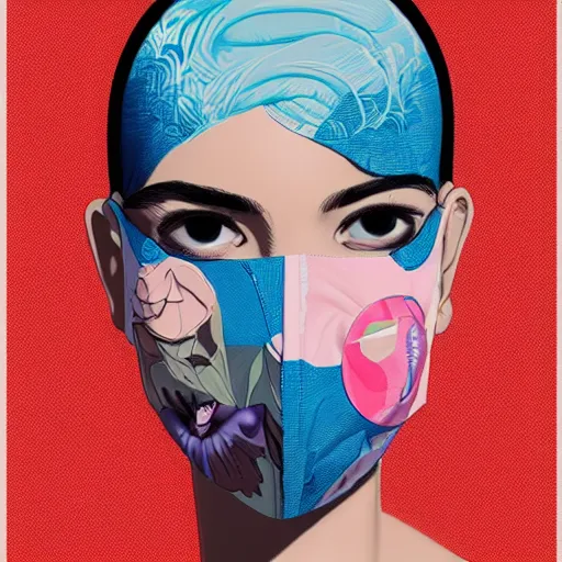 Image similar to Fashion weak portrait of people with sanitary mask, Tristan Eaton, artgerm, Victo Ngai, RHADS, ross draws