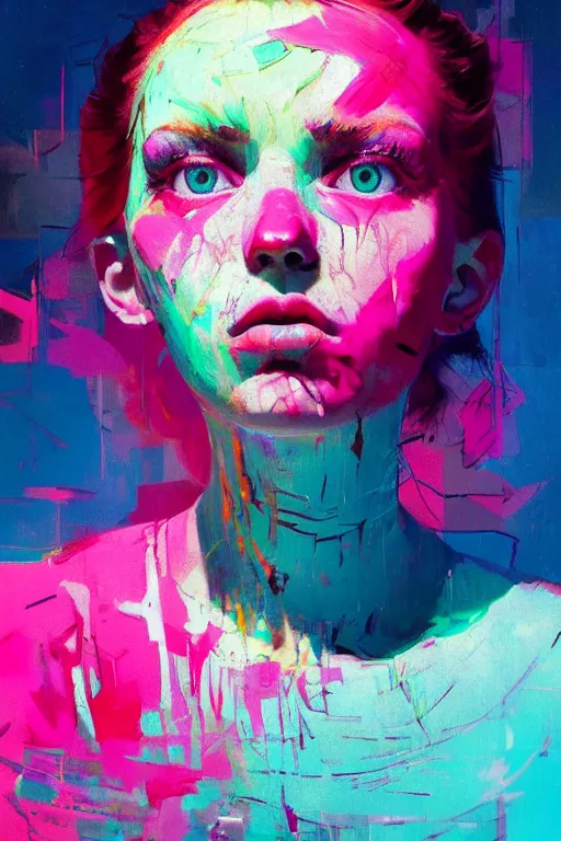 Image similar to portrait of a beautiful girl living in a postapoliptic forgotten world, she has seen war and has seen death, in the colors hot pink and cyan, beautiful face, rule of thirds, complex outfit, spotlight, by greg rutkowski, by jeremy mann, by francoise nielly, by van gogh, digital painting