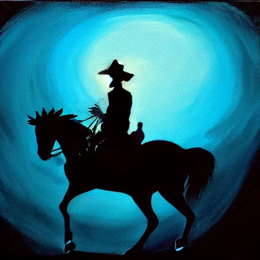 Prompt: a painting of a silhouette of a cowboy riding a horse into the dark horizon, high contrast, black and blue color scheme, dark, creepy, night, far away, in the distance, in the style of Norman Rockwell