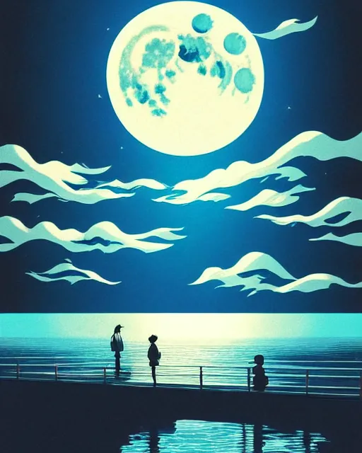 Image similar to full moon night scene, clouds, ocean, scenery wallpaper aesthetic, beautiful, cinematic, dramatic, super detailed and intricate, hyper realistic, 4 k render, by satoshi kon, by darwyn cooke, by kentaro miura, by koson ohara, by hasui kawase