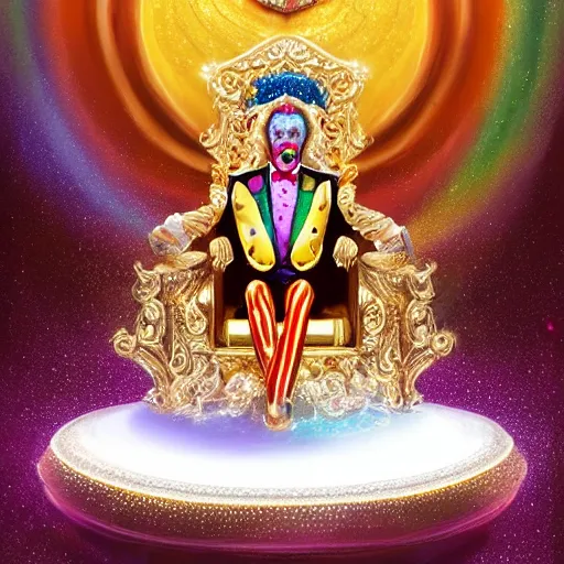 Prompt: shining giant throne made of millions of diamonds, gold and sapphires with thousands of light reflections, and a clown on a tuxedo suit is sitting on the throne while carrying an earth globe, dramatic light, digital painting, ultradetailed, artstation, oil painting