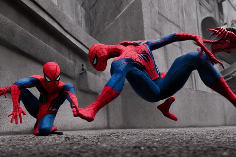 Image similar to Spider-Man fighting Venom live action fight scene by Emmanuel Lubezki