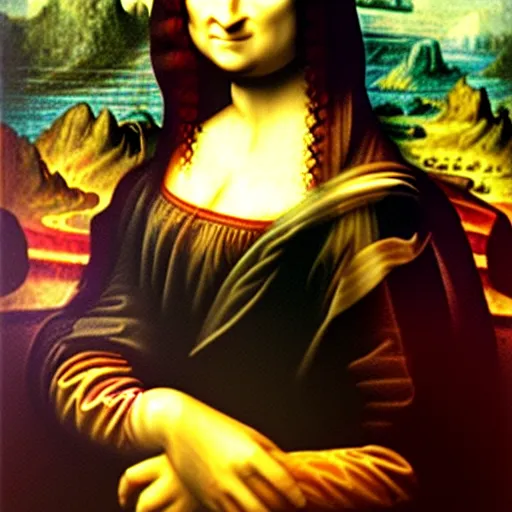 Image similar to mona lisa holding a banana, oil in canvas