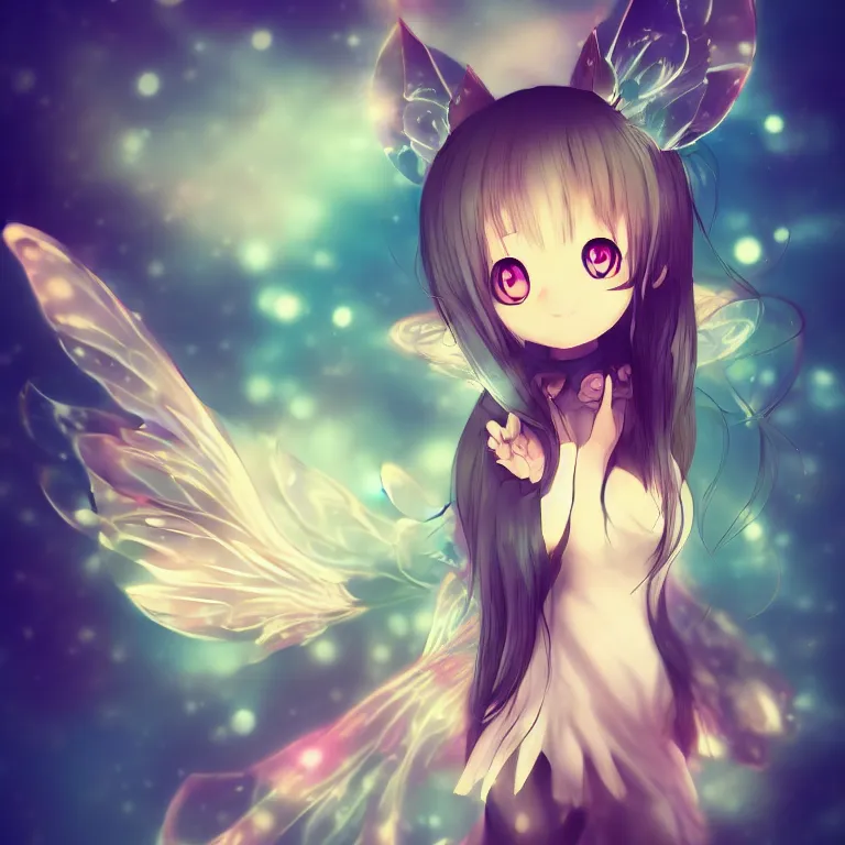 Image similar to cute, full body, female, anime style, a cat girl with fairy wings, large eyes, beautiful lighting, sharp focus, simple background, creative, heart effects, filters applied, illustration