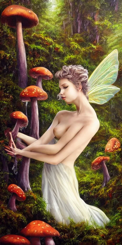 Image similar to epic oil painting of a beautiful fairy with a beautiful face and flawless skin and perfect body wearing a gauze dress, landing on a mushroom in the forest, moss, fog