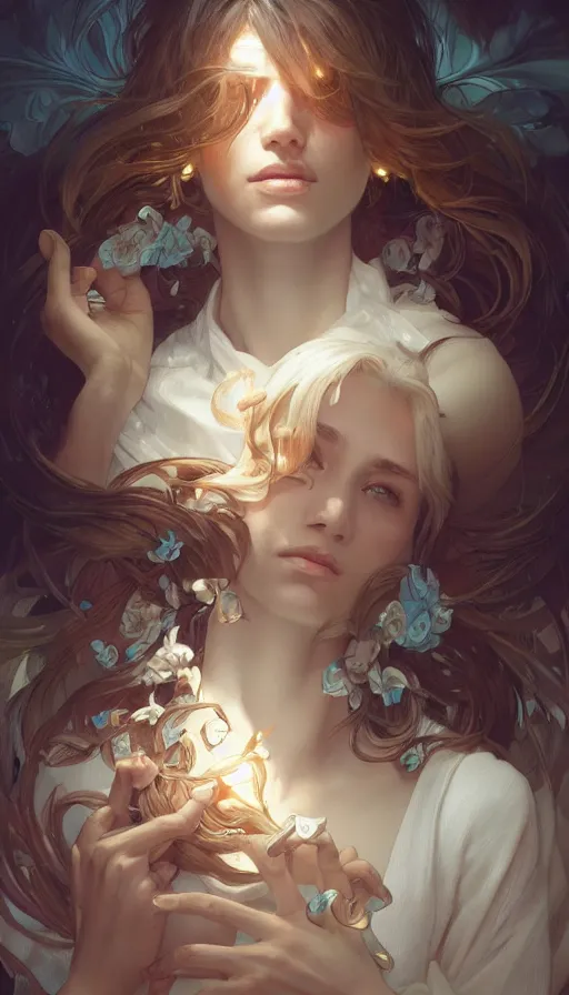 Image similar to love, heartbreak, fibonacci, sweat drops, insane, intricate, highly detailed, digital painting, artstation, concept art, smooth, sharp focus, illustration, Unreal Engine 5, 8K, art by artgerm and greg rutkowski and alphonse mucha