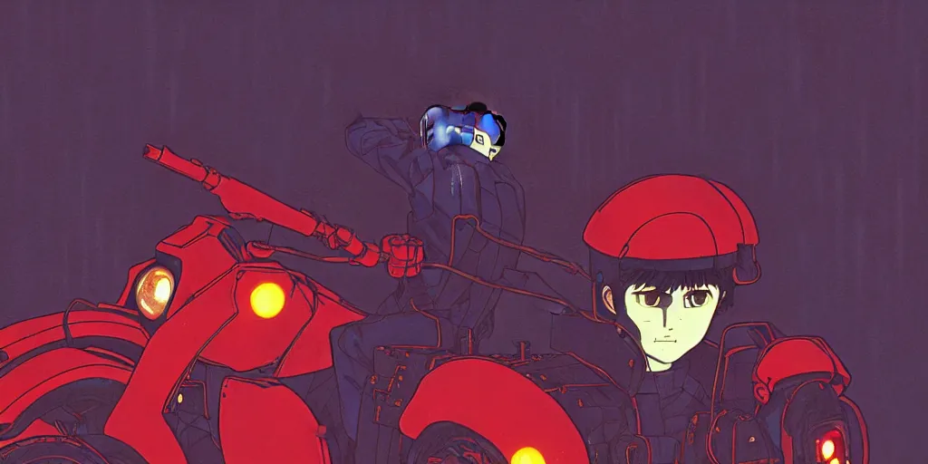 Image similar to twilight lighting, moody, atmospheric, solarpunk, kaneda and his motorcycle from akira, rainy, in the art style of neon genesis : evangelion, 8 0 s anime style, by ghibli studio and victor ngai, ghost in the shell art style, akira artstyle, pixar highly detailed, 8 k h 5 7 6