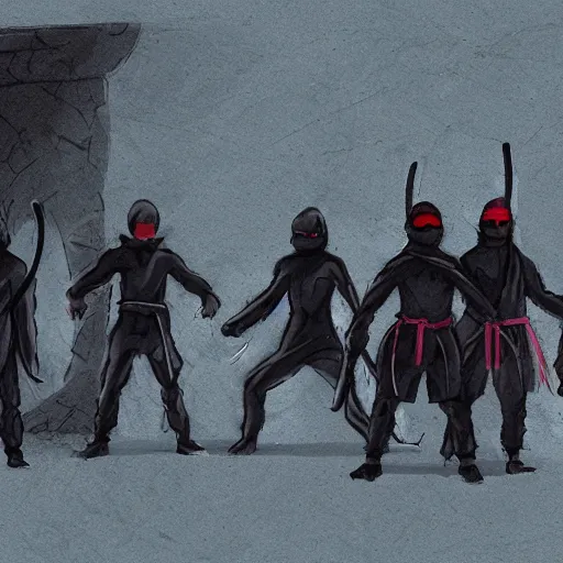 Image similar to a group of mysterious ninjas at the base of a crumbling wall, moonlight, concept art, ultra high definition, matte