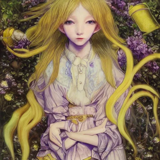 Image similar to little elf girl, tunic, soft hair. light color palate, purple, yellow and white. detailed soft painting, ayami kojima, made in abyss, anatomically correct, inspired in balthus, high detailed face anime, vogue magazine, glorious composition