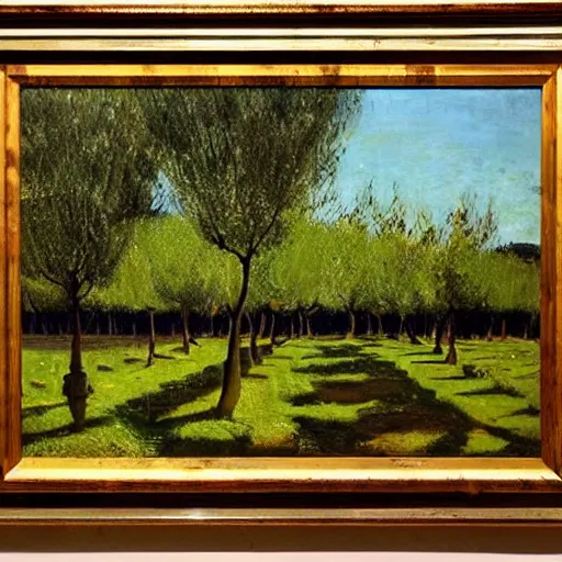 Image similar to by john lavery kokedama, vignetting expressive, shadowy. a beautiful installation art depicting a farm scene. the installation art shows a view of an orchard with trees in bloom.