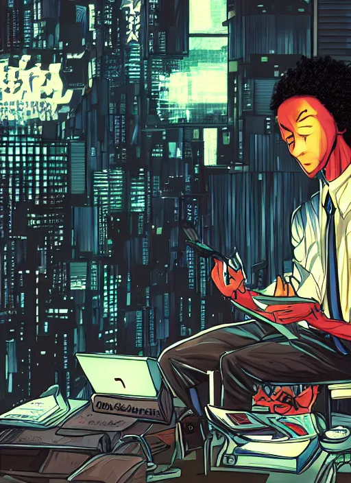 Prompt: manga cover, bald african-american man sitting at his desk, business suit, intricate cyberpunk city, emotional lighting, character illustration by tatsuki fujimoto