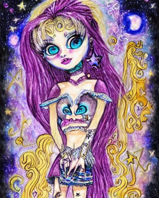 Prompt: josephine wall watercolor pencil drawing of a monster high doll fullmoon, stars, sigils and doodles around her