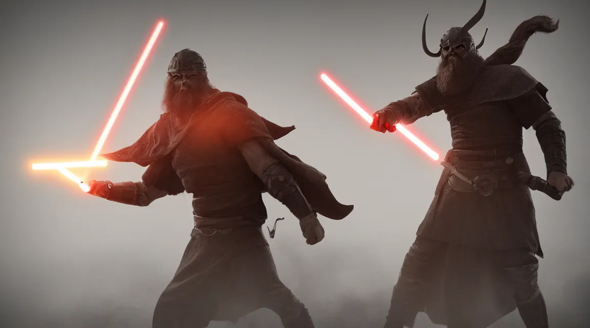 Prompt: Viking and sith wielding lightsabers background Canon, 100mm, octane render, photorealistic, detailed, cinematic, 8k no blur, volumetric lightning