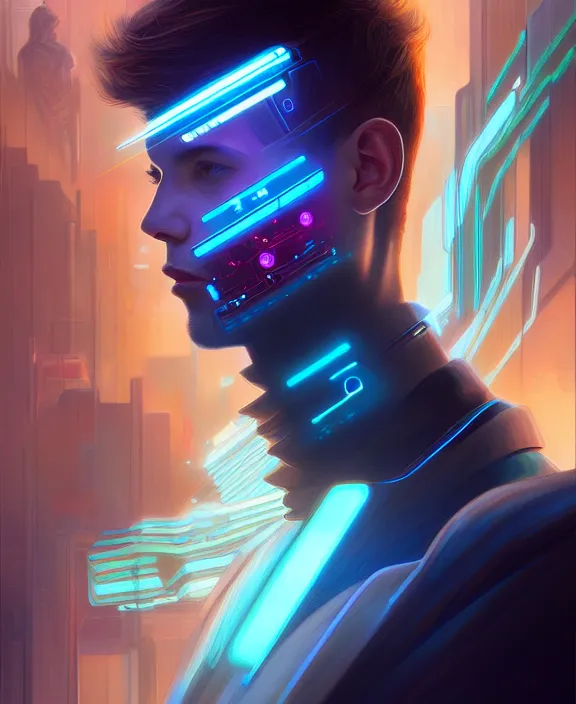 Image similar to a whirlwind inside the metaverse, guy, male, man, hologram, half body, neurochip, android, cyborg, cyberpunk face, by loish, d & d, fantasy, intricate, elegant, highly detailed, colorful, digital painting, artstation, concept art, art by artgerm and greg rutkowski and alphonse mucha