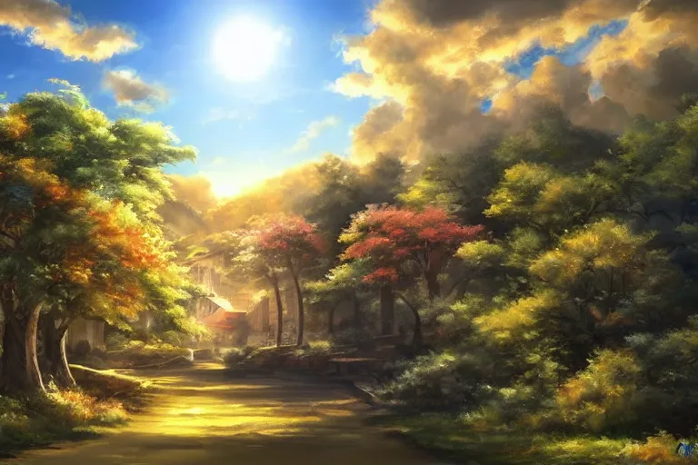 Image similar to Very beautiful painting by City Hunter anime backgrounds HD and Toei animation backgrounds, a beautiful landscape of the french countryside, nice lighting, soft and clear shadows, low contrast, perfect