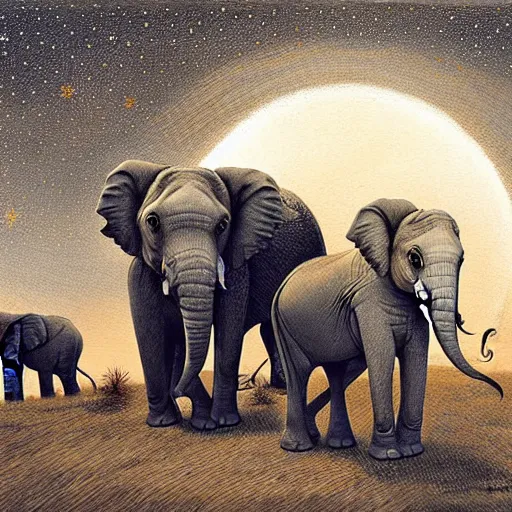 Image similar to two adult elephants and a baby elephant sleeping soundly under a starry sky surrounded by savannah, illustration, detailed, smooth, soft, warm, by Adolf Lachman, Shaun Tan