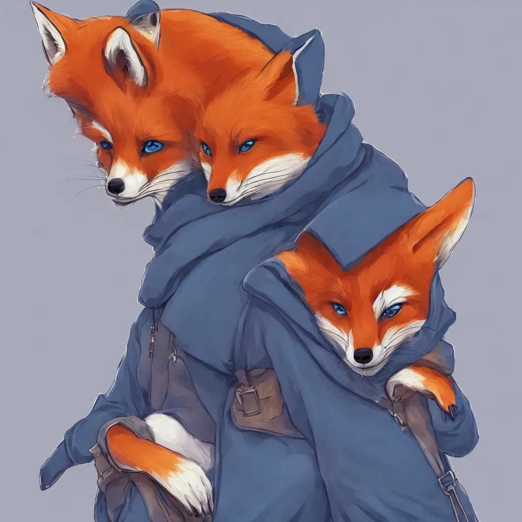 Prompt: a fox in a blue hoodie on the white background hacking a notebook, concept art, anime style, digital art picture, highly detailed, artstation, detailed, award winning, colorful