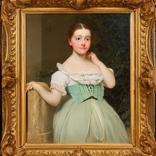 Image similar to full body portrait of a young german princess standing by a chair by Franz Xaver Winterhalter and Andreas Herman Hunæus painted in the 1860s, romanticism, vivid, fancy, beautiful face, rococo, clear, coherent