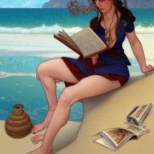 Prompt: portrait of a female wizard with brown hair wearing a blue wizard's hat and blue swimsuit holding a book at the beach, fantasy, intricate, elegant, highly detailed, digital painting, artstation, concept art, character art, smooth, sharp focus, illustration, art by greg rutkowski and alphonse mucha