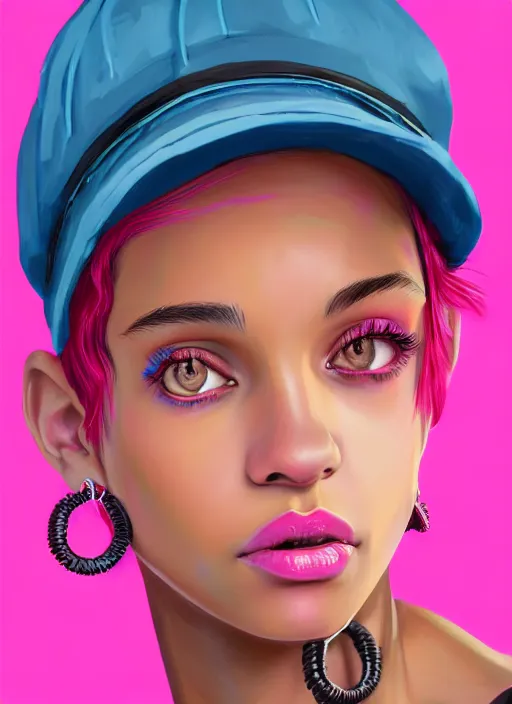 Image similar to portrait of teenage vanessa morgan with bright pink hair, black girl, curly pixie cut hair, wearing newsboy cap, pink short haircut, newsboy cap, hoop earrings, blue eyes, intricate, elegant, glowing lights, highly detailed, digital painting, artstation, concept art, smooth, sharp focus, illustration, art by wlop, mars ravelo and greg rutkowski