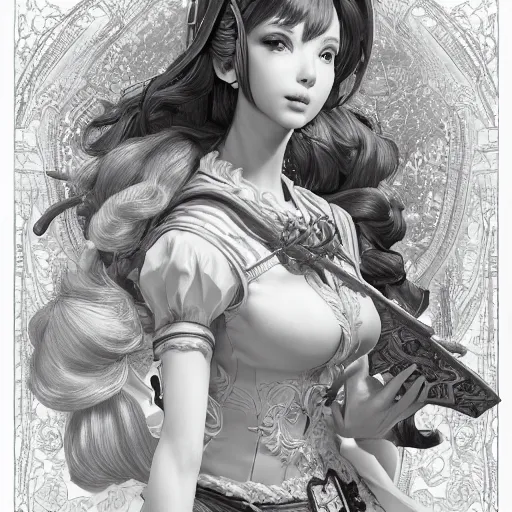 Image similar to studio portrait of neutral good female cleric bard as absurdly beautiful, gorgeous, elegant, sophisticated gravure idol, an ultrafine hyperdetailed illustration by kim jung gi, irakli nadar, intricate linework, sharp focus, bright colors, octopath traveler, final fantasy, unreal engine 5 highly rendered, global illumination, radiant light, detailed and intricate environment