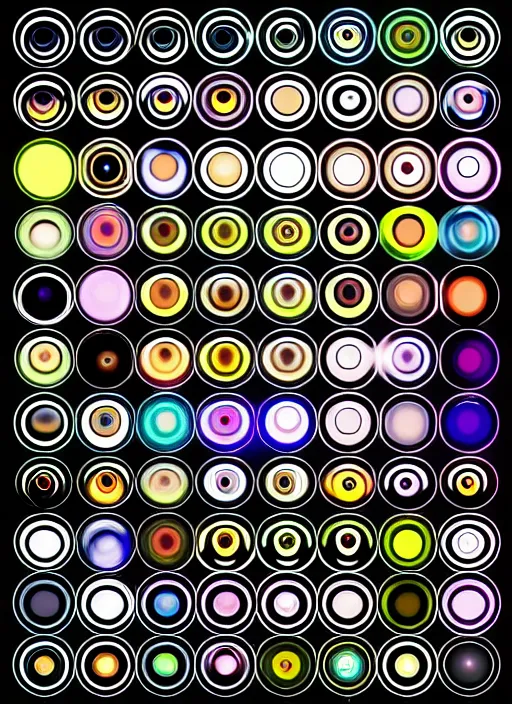 Image similar to diverse eyes!, rotating circle, dot pupils, teams, healing, energetic, life, hybrids, thin glowing devices, reflections, vitals visualiser!!, advanced art, art styles mix, from wikipedia, grid of styles, various eye shapes