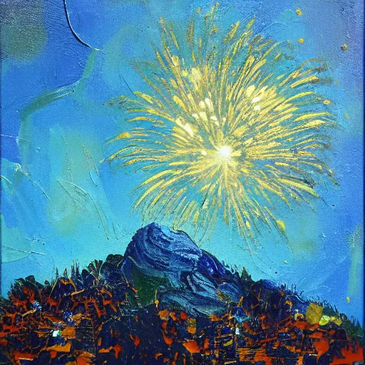 Prompt: oil paint impasto relief, austrian blue mountain with fireworks, multi layered thick brush marks, some splattered paint, in the style of van gogh and redon