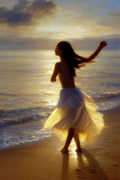 Image similar to a girl dancing on the seashore at sunset, by vicente romero redondo