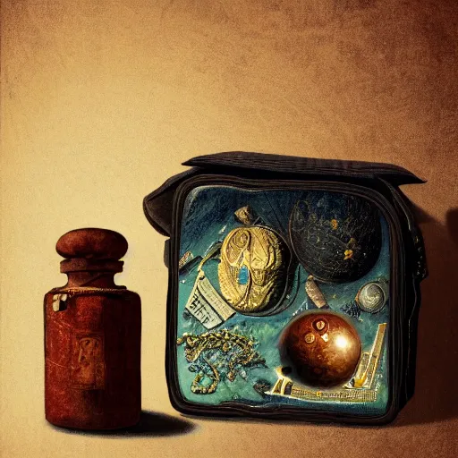 Image similar to universe inside ampoules and alambics in a surreal ancient doctor's bag, intricated detailed, soft painting, depth of field, trending on artstation